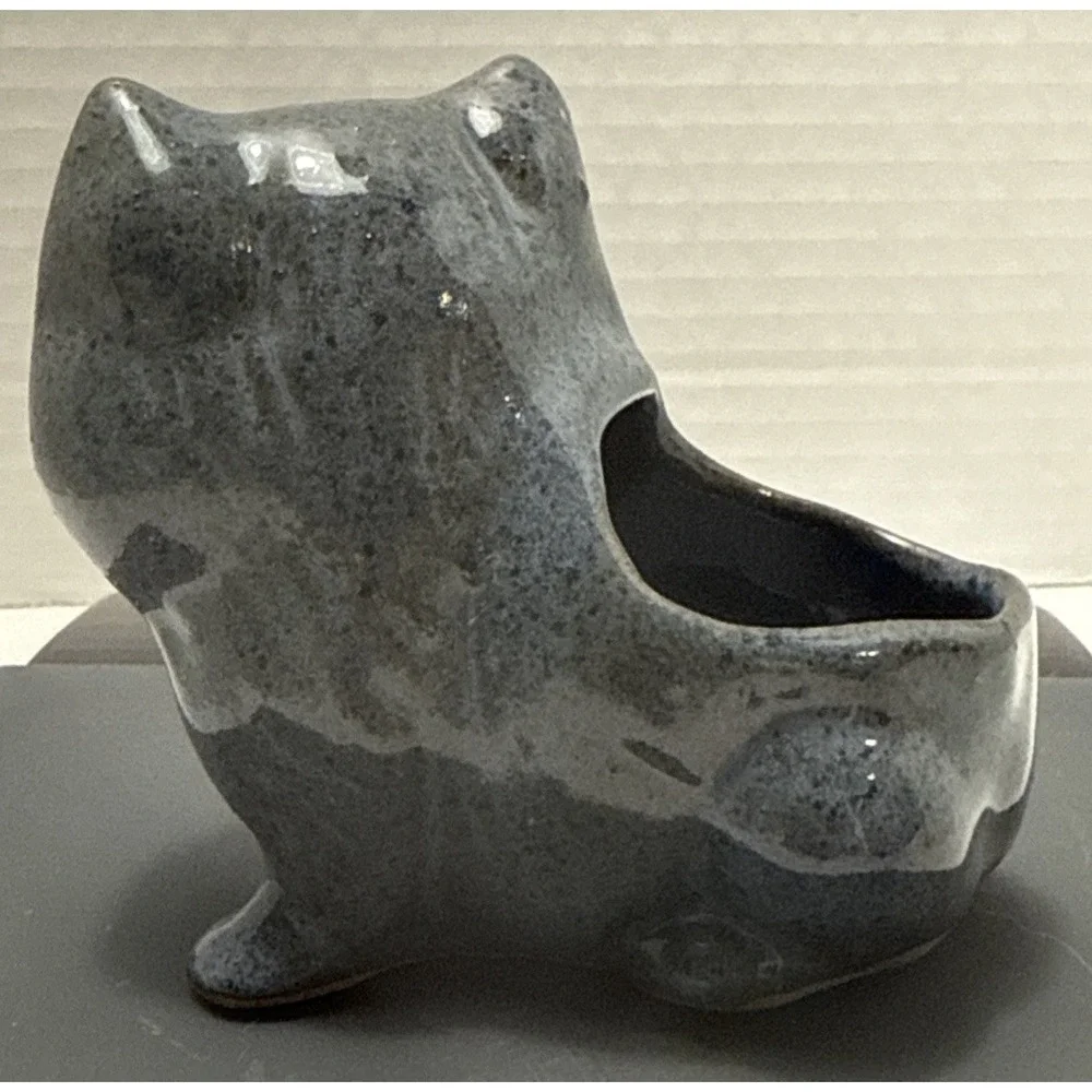 Ceramic Cat Shaped‎ Planter Garden Kitten Succulent Plant Container Blue & Brown